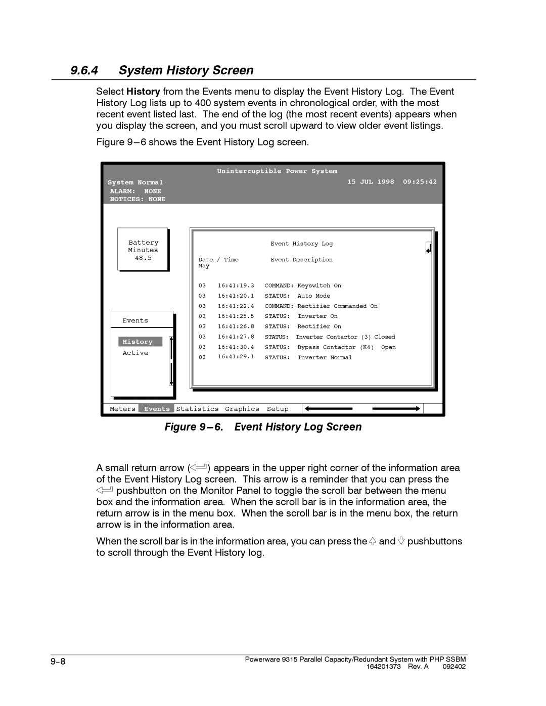 Powerware 9315s manual System History Screen 