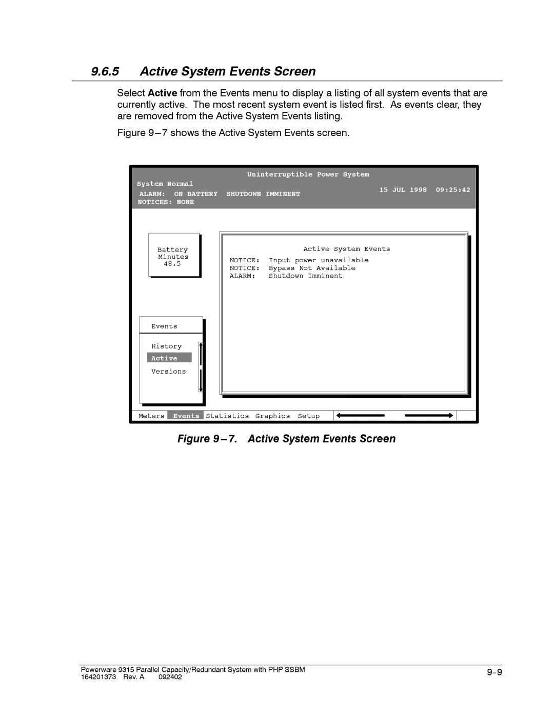 Powerware 9315s manual Active System Events Screen, Alarm On Battery Shutdown Imminent 