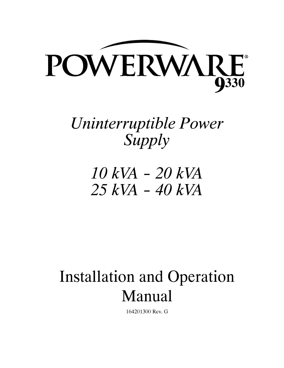 Powerware 9330 operation manual Uninterruptible Power Supply KVA 20 kVA KVA 40 kVA 