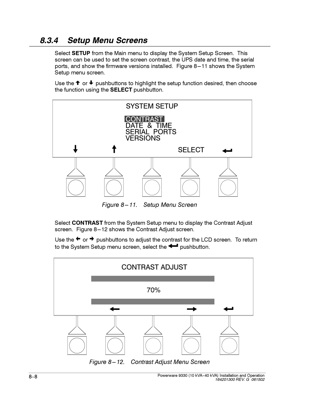 Powerware 9330 operation manual Setup Menu Screens, Contrast 