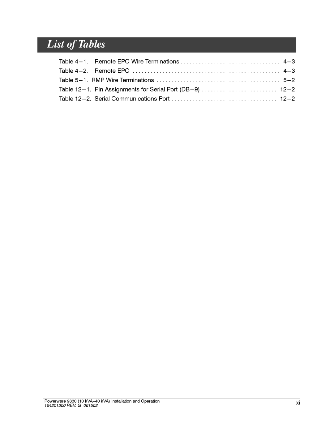 Powerware 9330 operation manual List of Tables 