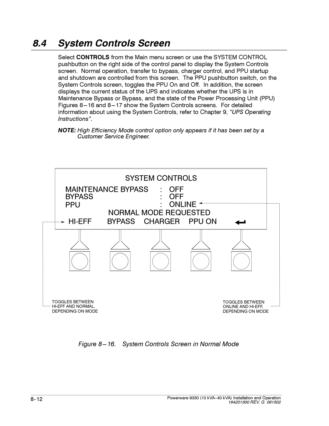 Powerware 9330 operation manual System Controls Screen in Normal Mode 