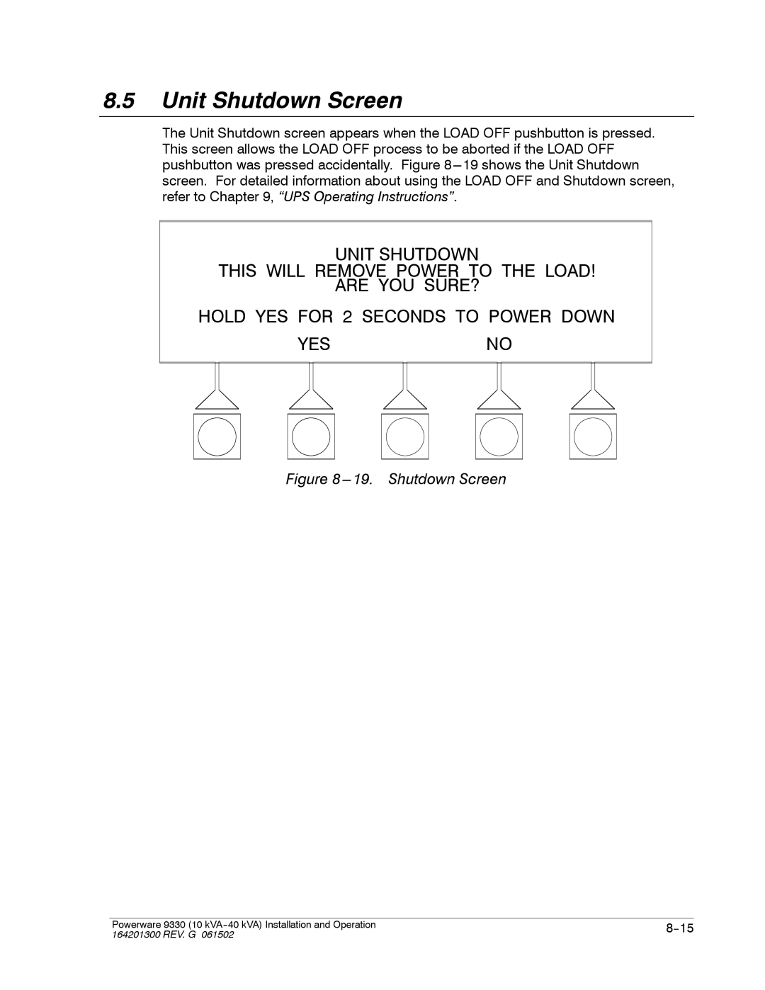 Powerware 9330 operation manual Unit Shutdown Screen 