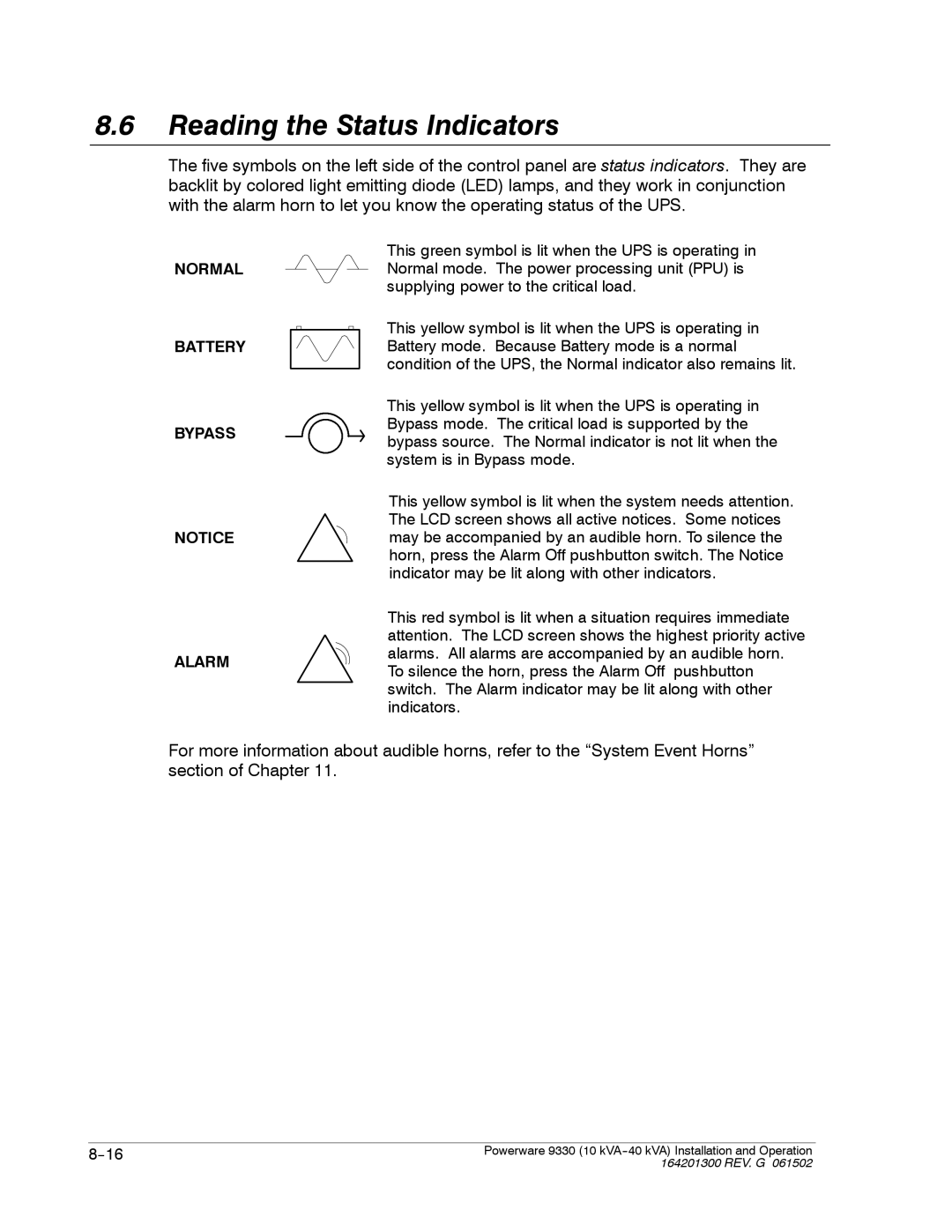 Powerware 9330 operation manual Reading the Status Indicators, Normal Battery Bypass Alarm 