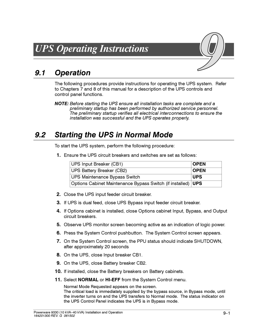 Powerware 9330 operation manual UPS Operating Instructions, Operation, Starting the UPS in Normal Mode 