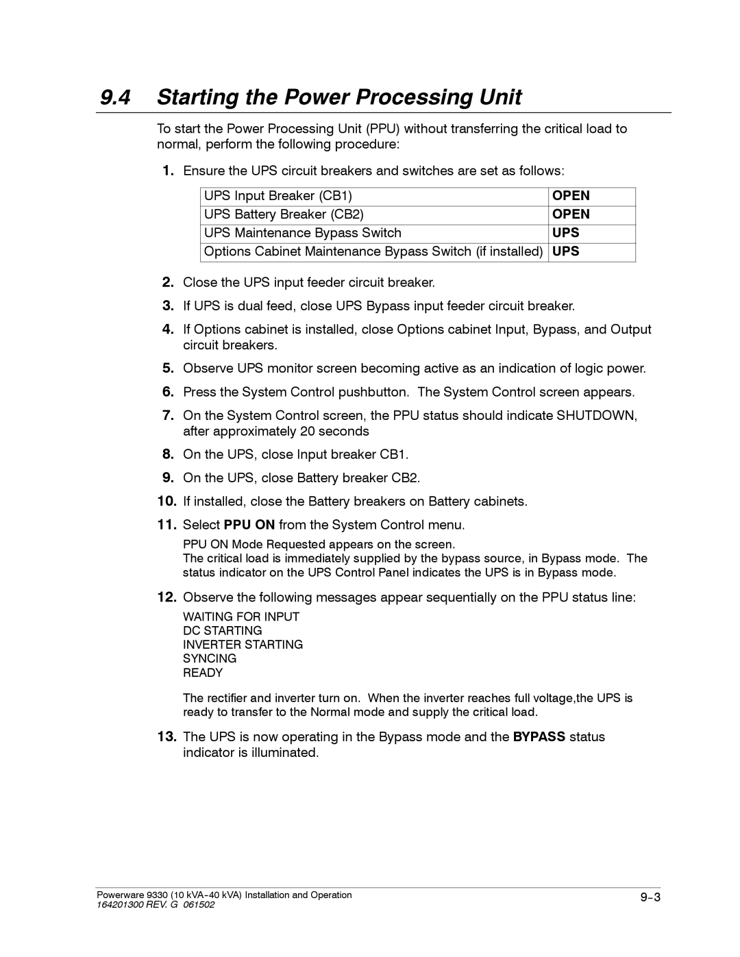 Powerware 9330 operation manual Starting the Power Processing Unit 