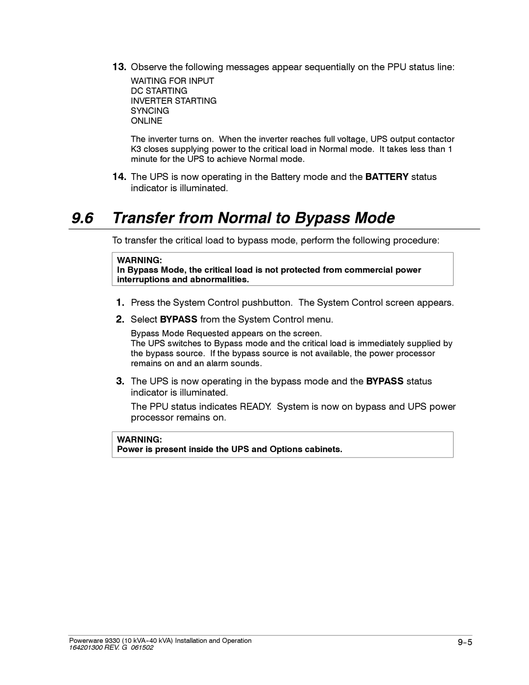 Powerware 9330 operation manual Transfer from Normal to Bypass Mode 