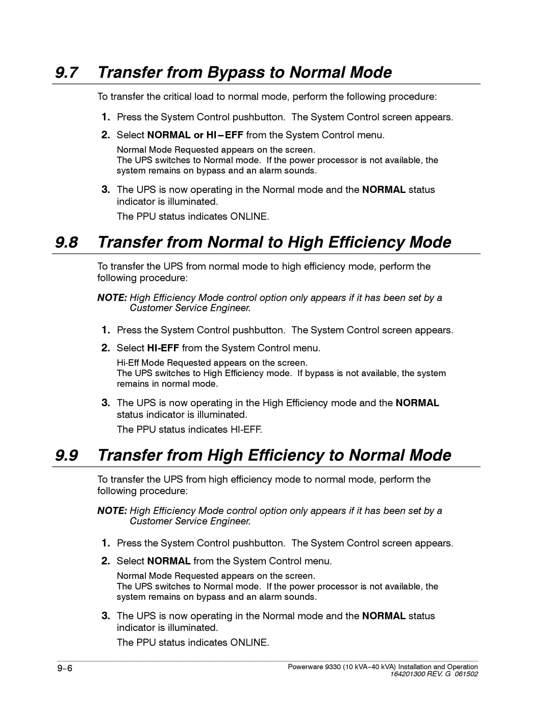 Powerware 9330 operation manual Transfer from Bypass to Normal Mode, Transfer from Normal to High Efficiency Mode 