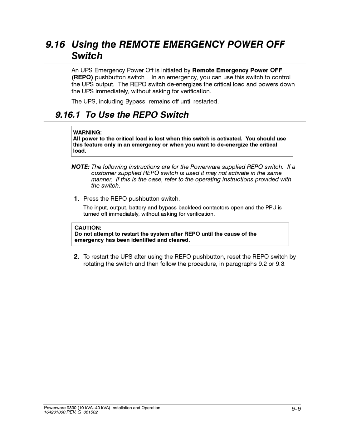 Powerware 9330 operation manual Using the Remote Emergency Power OFF Switch, To Use the Repo Switch 