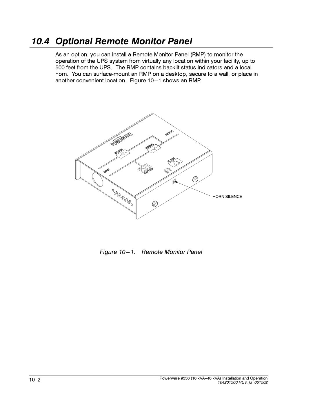 Powerware 9330 operation manual Optional Remote Monitor Panel 