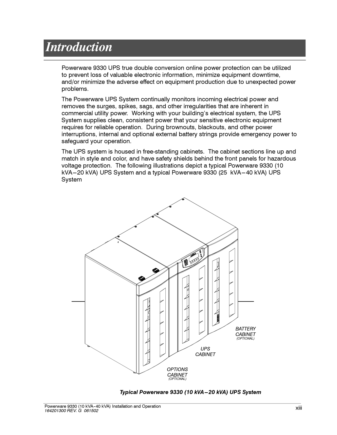 Powerware operation manual Introduction, Typical Powerware 9330 10 kVA---20 kVA UPS System 