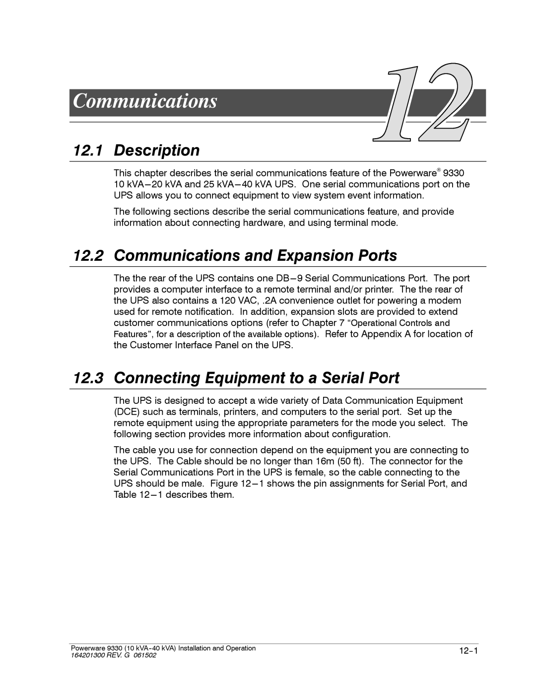 Powerware 9330 operation manual Communications and Expansion Ports, Connecting Equipment to a Serial Port 