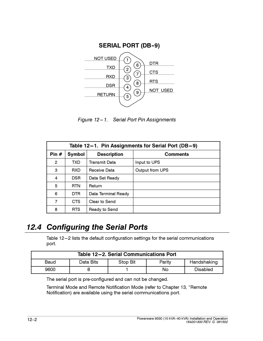 Powerware 9330 operation manual Configuring the Serial Ports, Serial Communications Port 