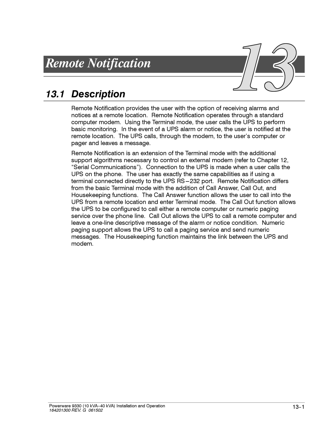 Powerware 9330 operation manual Remote Notification, Description 