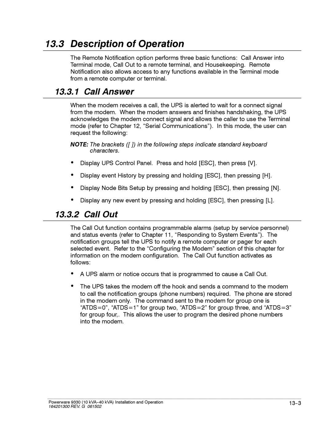 Powerware 9330 operation manual Description of Operation, Call Answer, Call Out 