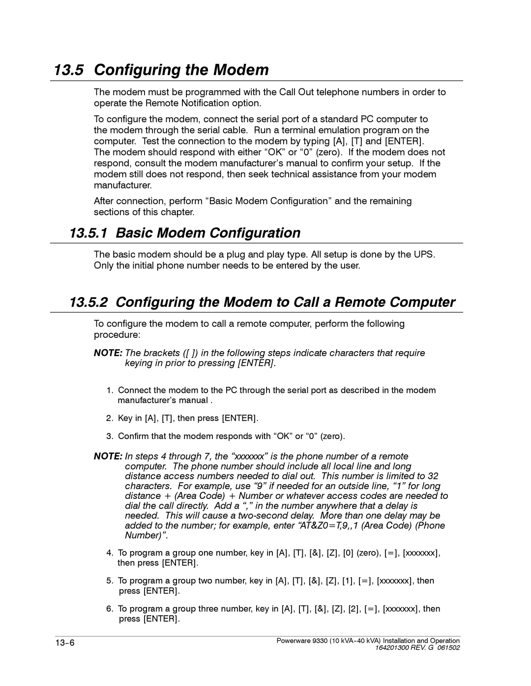 Powerware 9330 operation manual Basic Modem Configuration, Configuring the Modem to Call a Remote Computer 