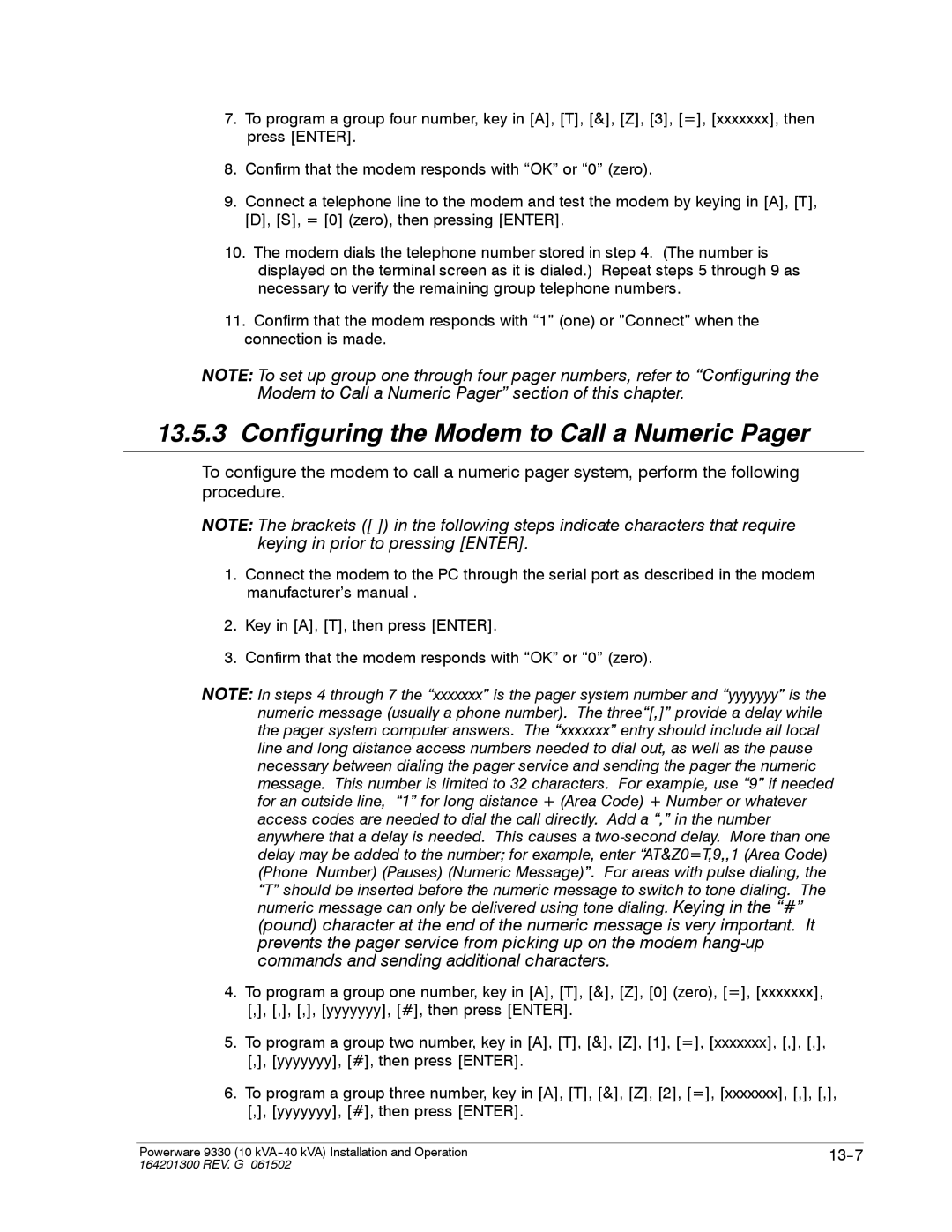 Powerware 9330 operation manual Configuring the Modem to Call a Numeric Pager 