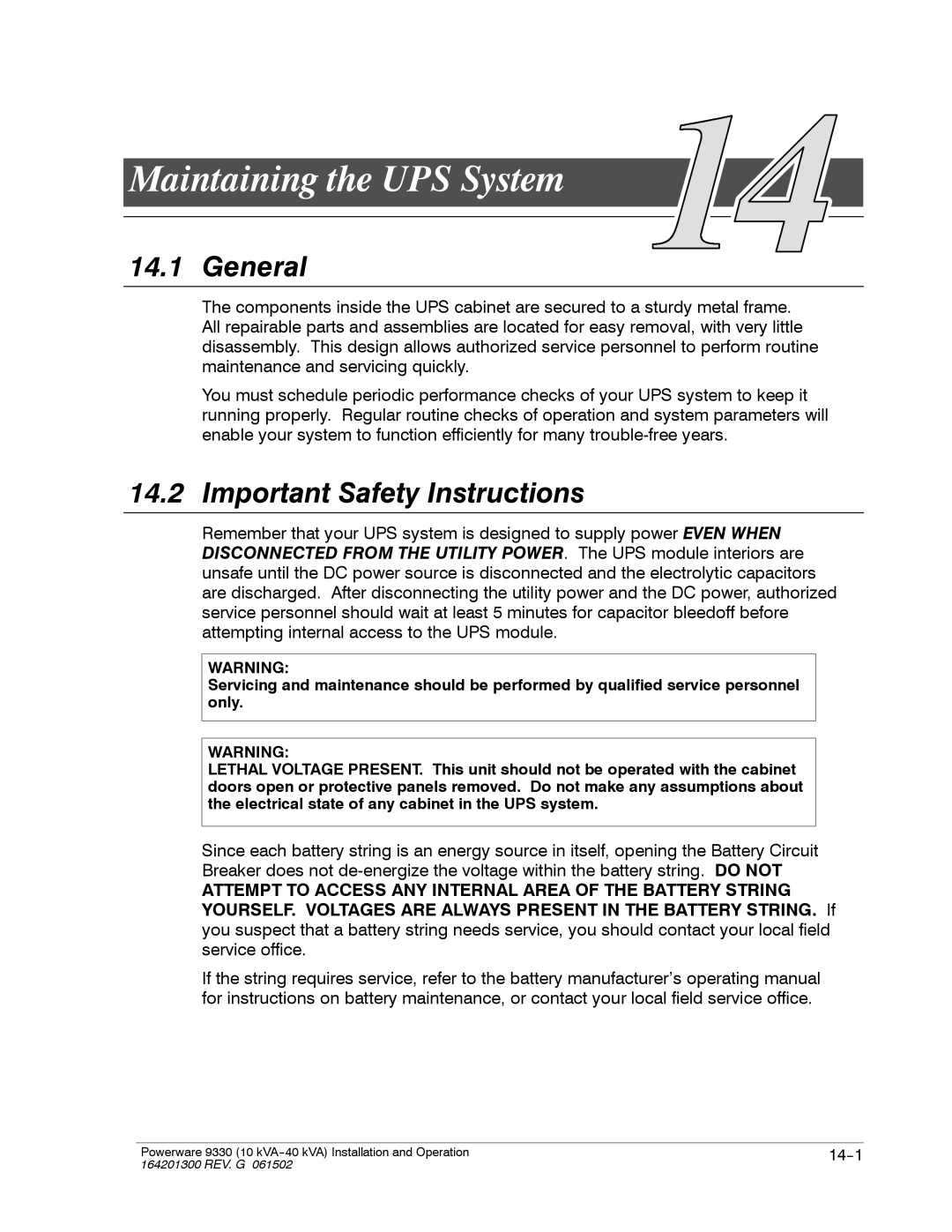 Powerware 9330 operation manual Maintaining the UPS System, Important Safety Instructions 