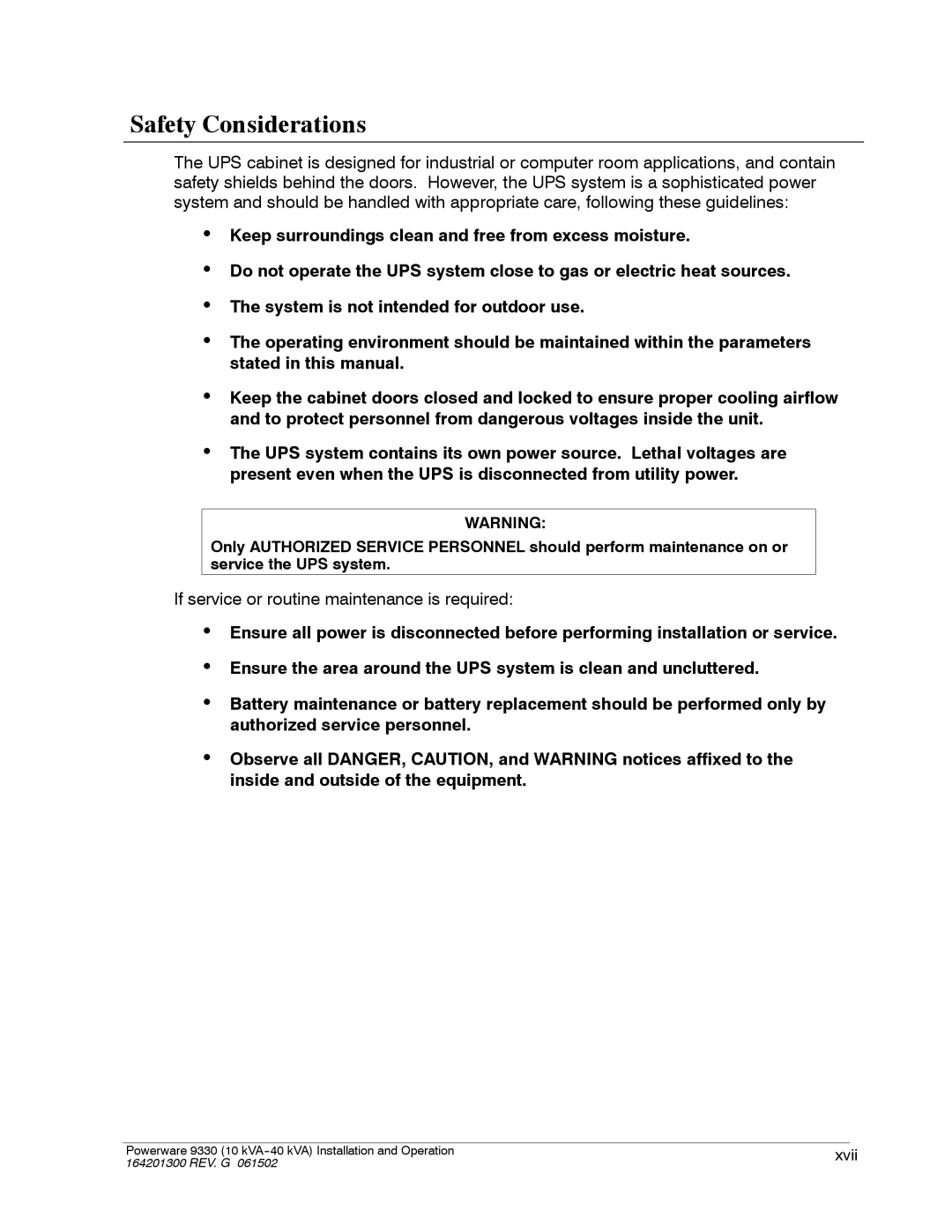 Powerware 9330 operation manual Safety Considerations 