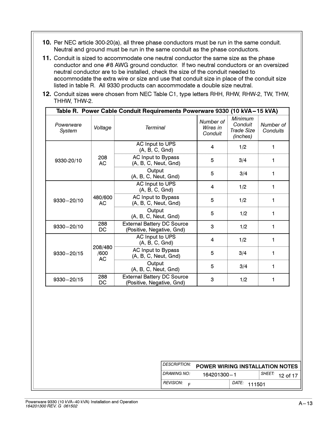 Powerware 9330 operation manual Description Power Wiring Installation Notes 