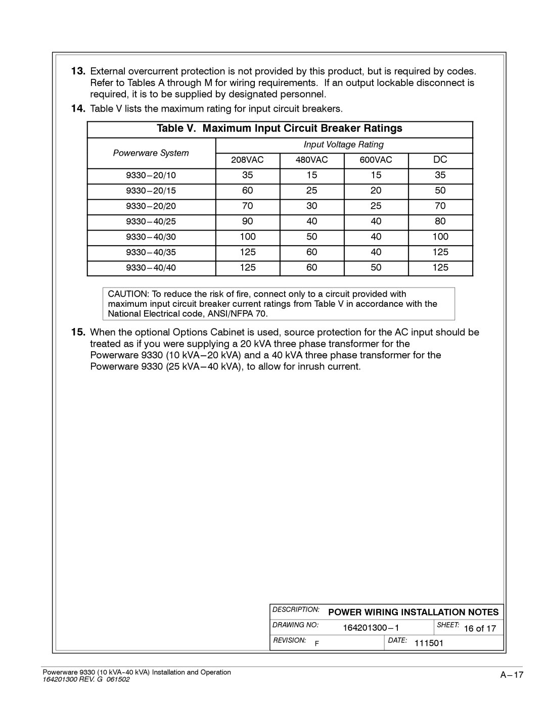 Powerware 9330 operation manual Table V. Maximum Input Circuit Breaker Ratings 