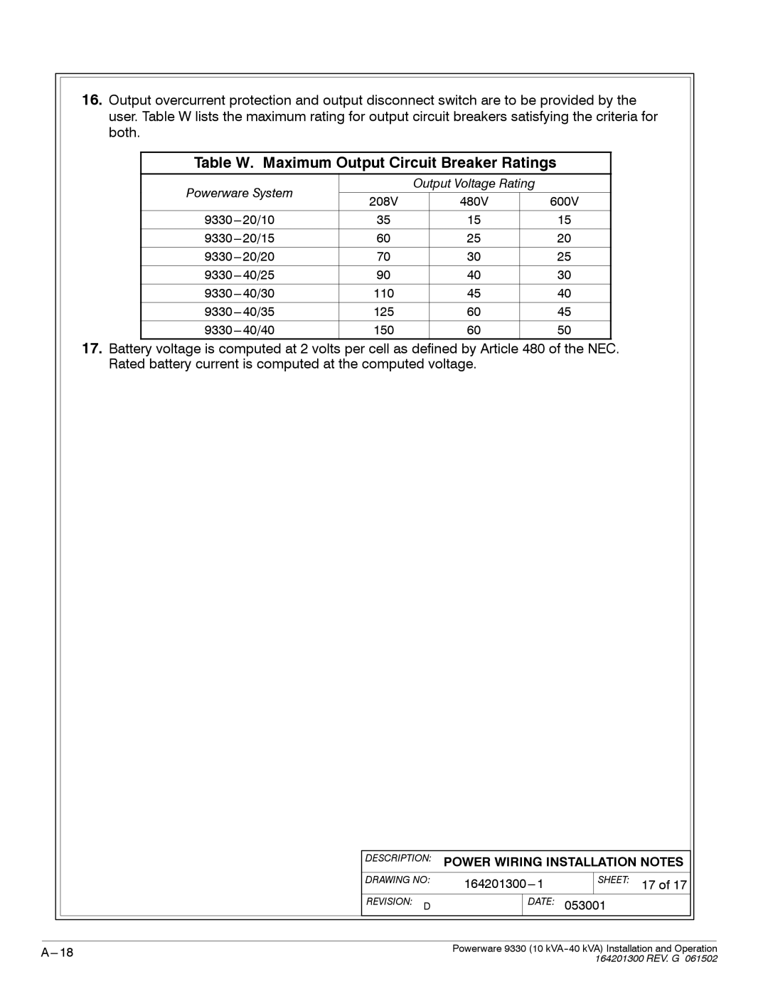 Powerware 9330 operation manual Table W. Maximum Output Circuit Breaker Ratings 