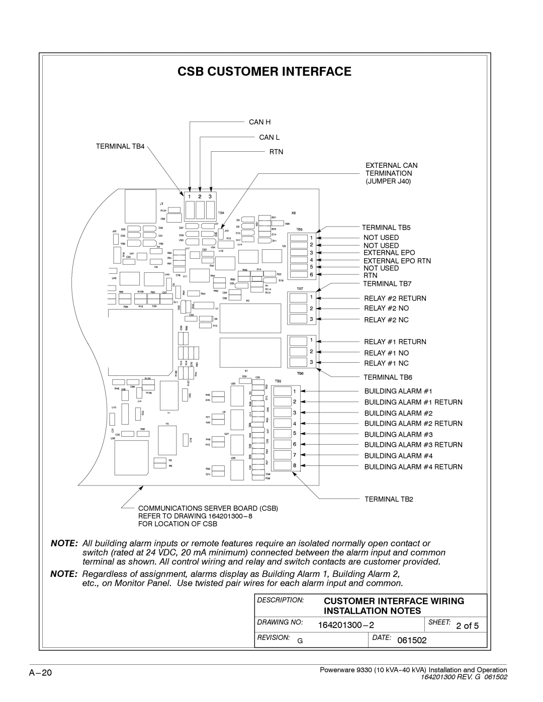 Powerware 9330 operation manual Customer Interface Wiring, Installation Notes 