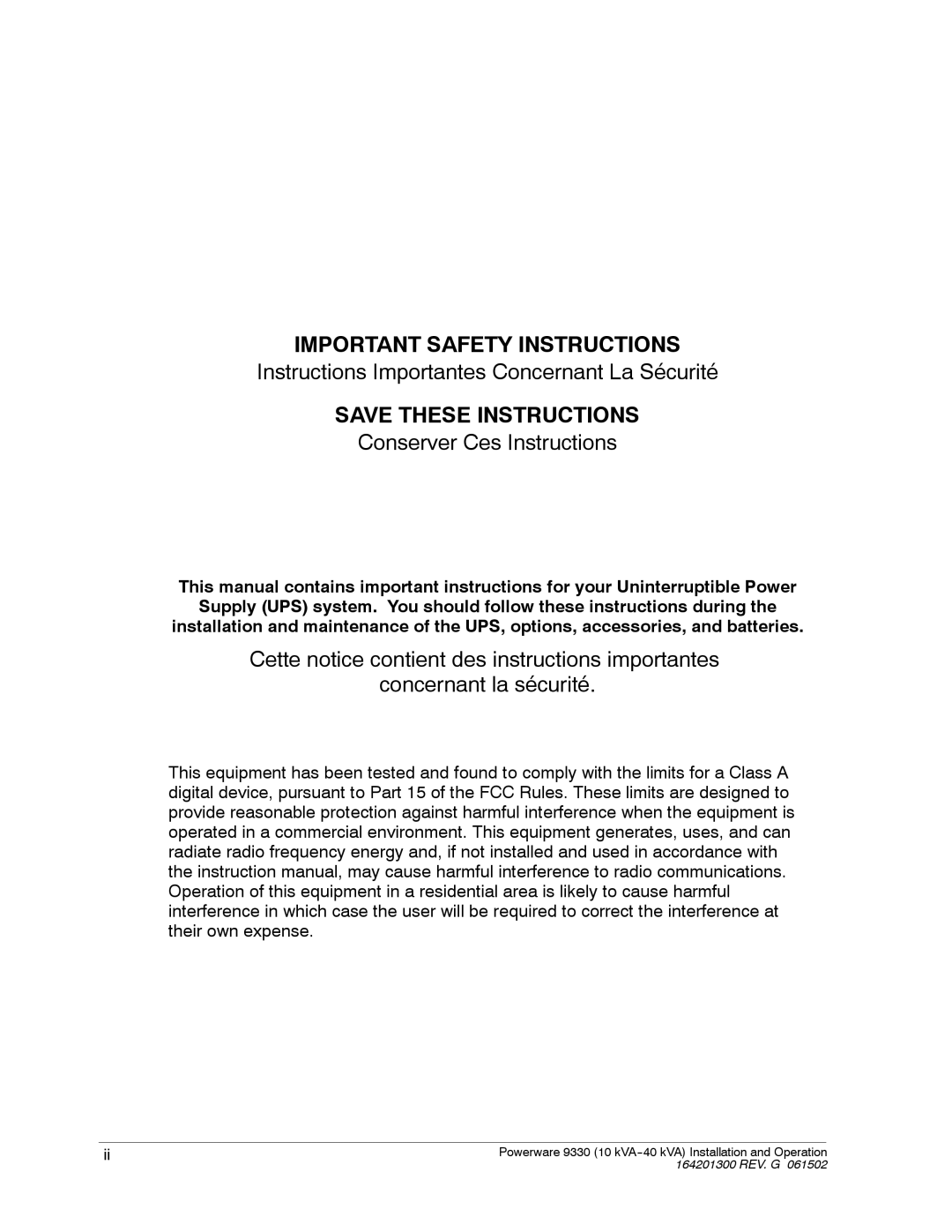 Powerware 9330 operation manual Important Safety Instructions 