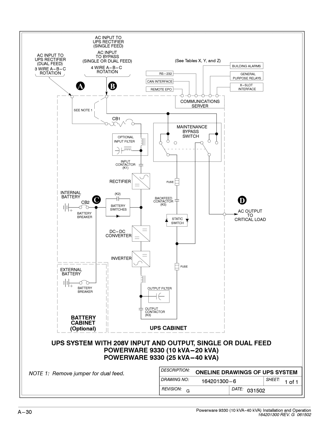 Powerware 9330 operation manual UPS System with 208V Input and OUTPUT, Single or Dual Feed 