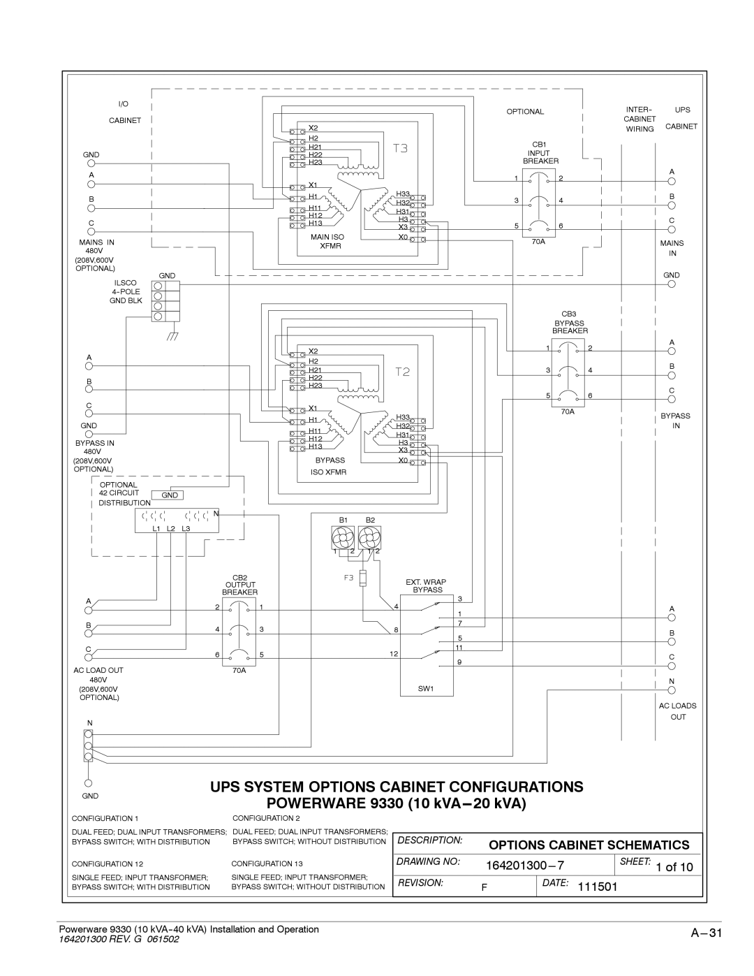 Powerware operation manual UPS System Options Cabinet Configurations, Powerware 9330 10 kVA---20 kVA 