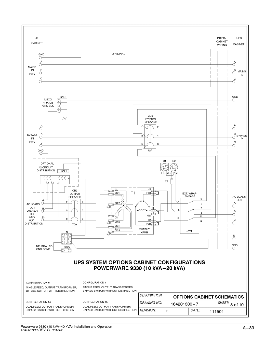 Powerware 9330 operation manual Cabinet Wiring GND Optional Mains 