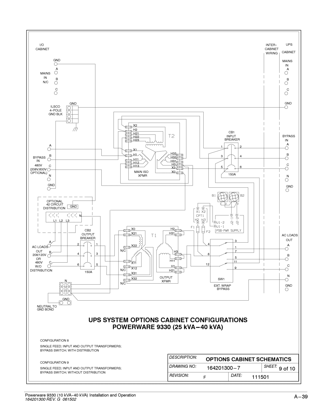 Powerware 9330 operation manual Optional N GND Circuit Distribution GND 