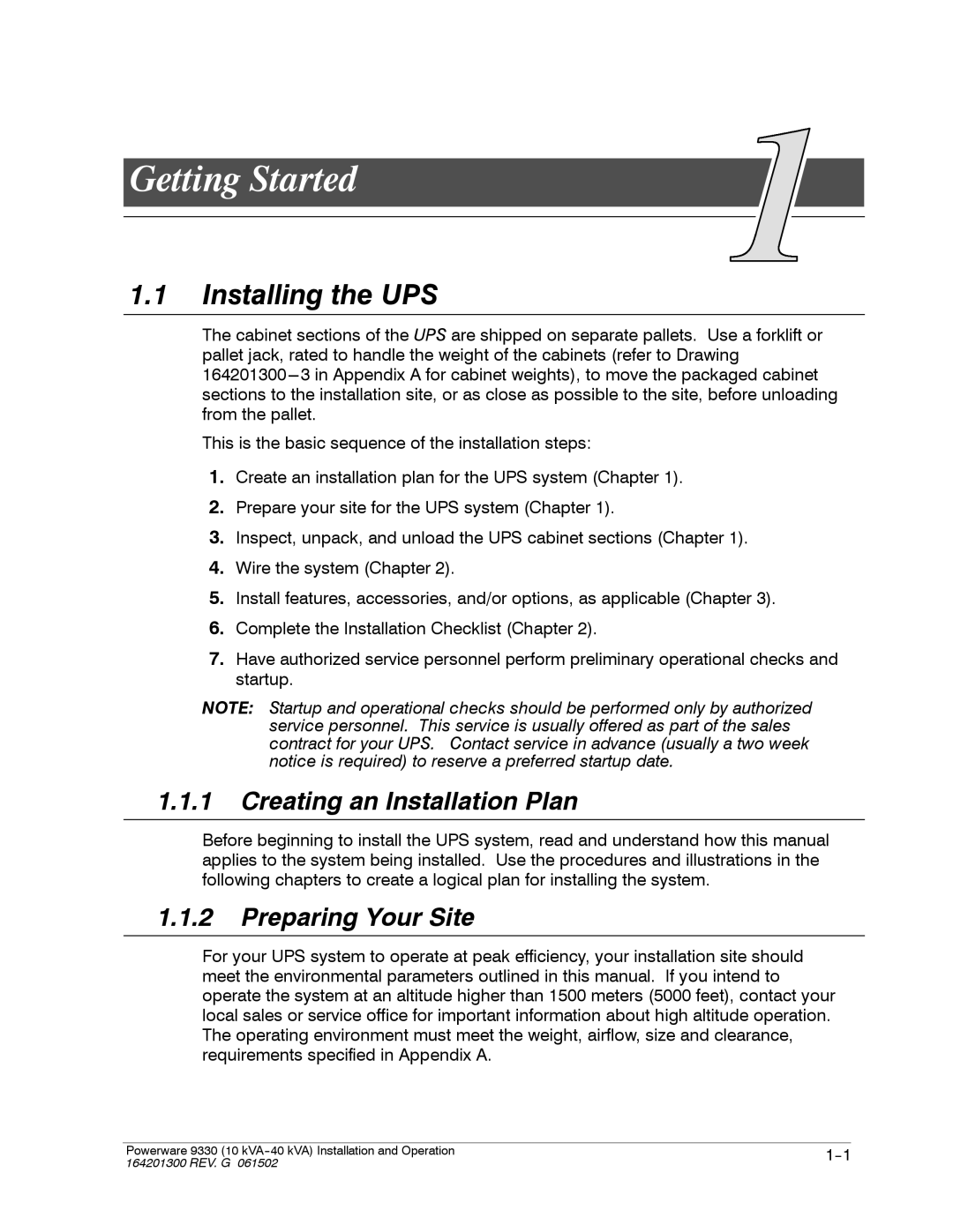 Powerware 9330 operation manual Getting Started, Installing the UPS, Creating an Installation Plan, Preparing Your Site 