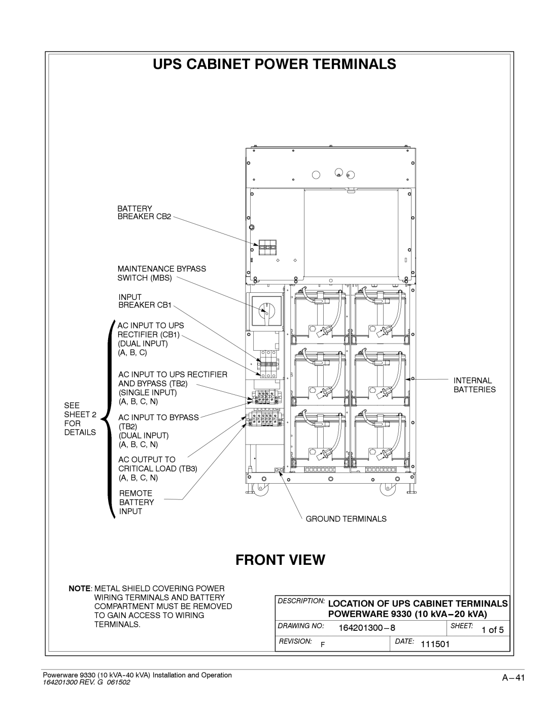 Powerware 9330 operation manual UPS Cabinet Power Terminals 