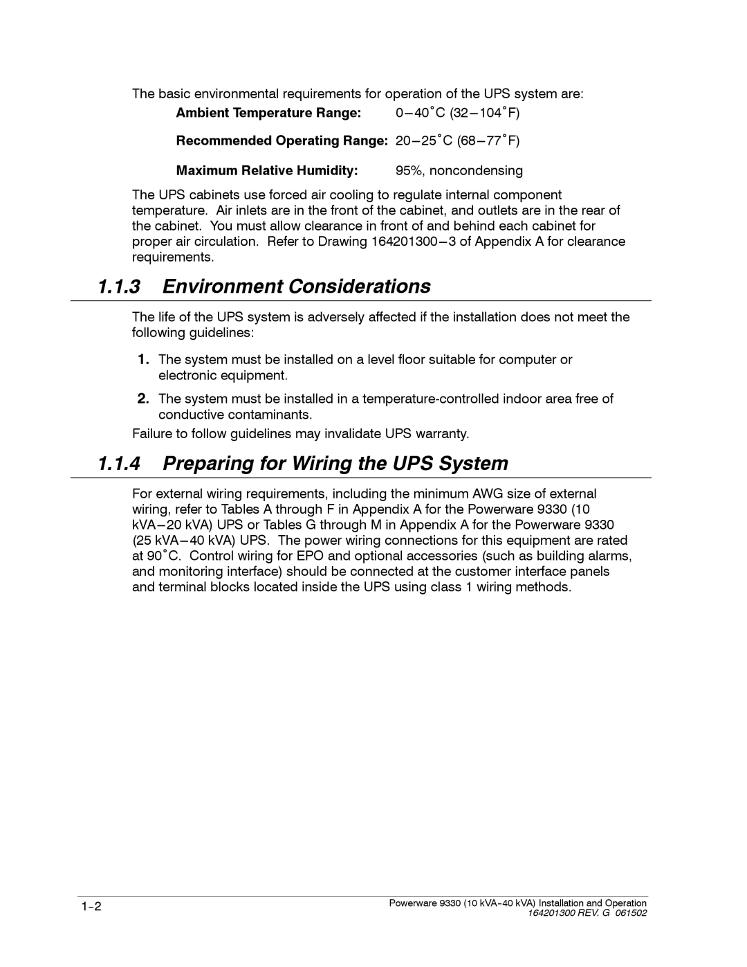 Powerware 9330 operation manual Environment Considerations, Preparing for Wiring the UPS System 