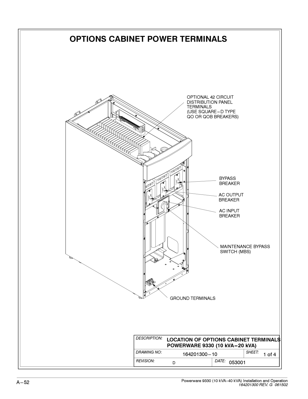 Powerware 9330 operation manual Options Cabinet Power Terminals, Description Location of Options Cabinet Terminals 