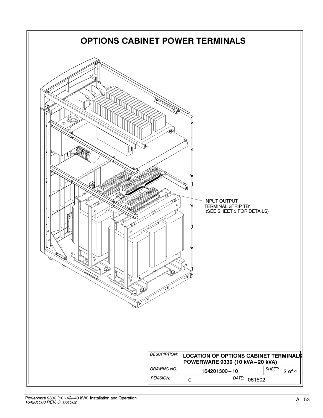 Powerware 9330 operation manual Input Output Terminal Strip TB1 See Sheet 3 for Details 