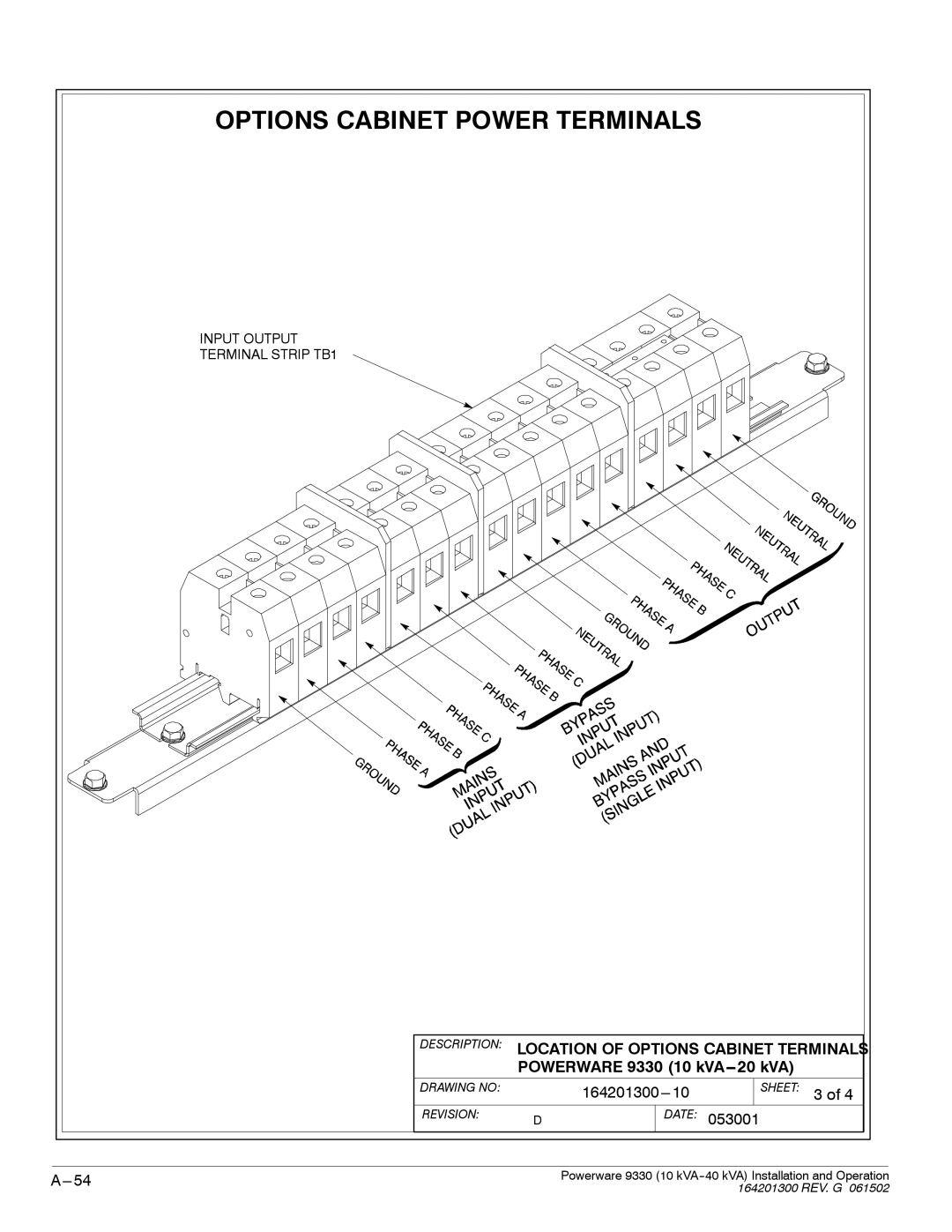 Powerware 9330 operation manual Input Output Terminal Strip TB1 