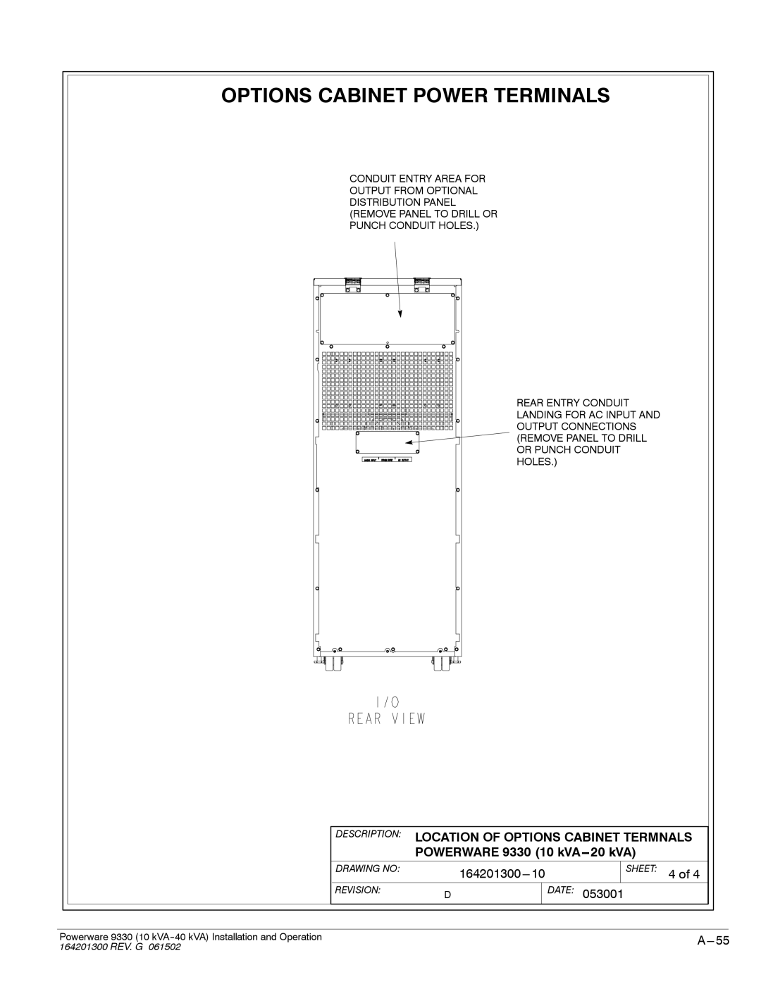 Powerware 9330 operation manual Description Location of Options Cabinet Termnals 