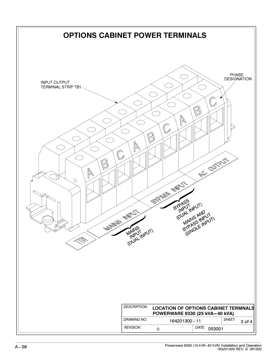 Powerware 9330 operation manual Input Output Terminal Strip TB1 Phase Designation 