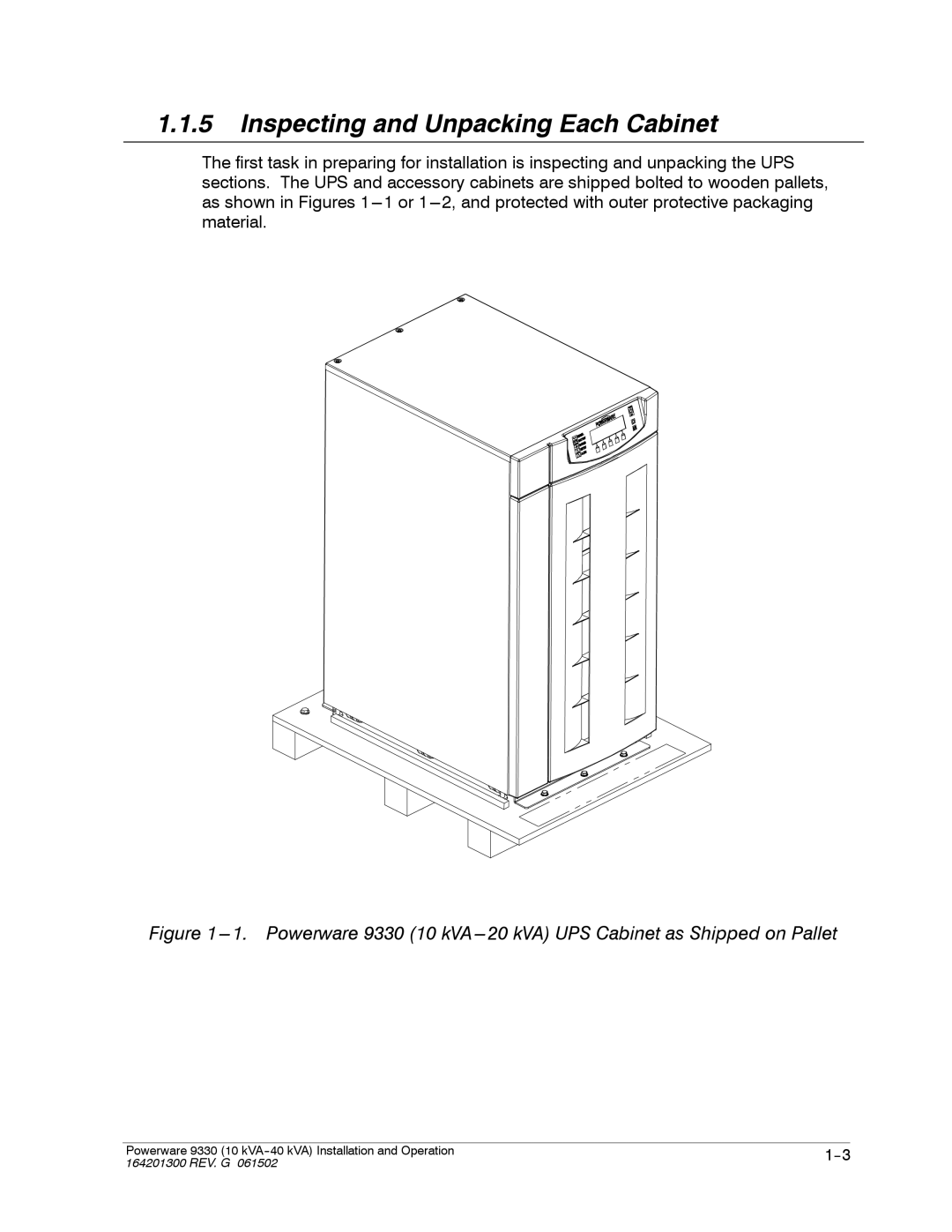 Powerware 9330 operation manual Inspecting and Unpacking Each Cabinet 