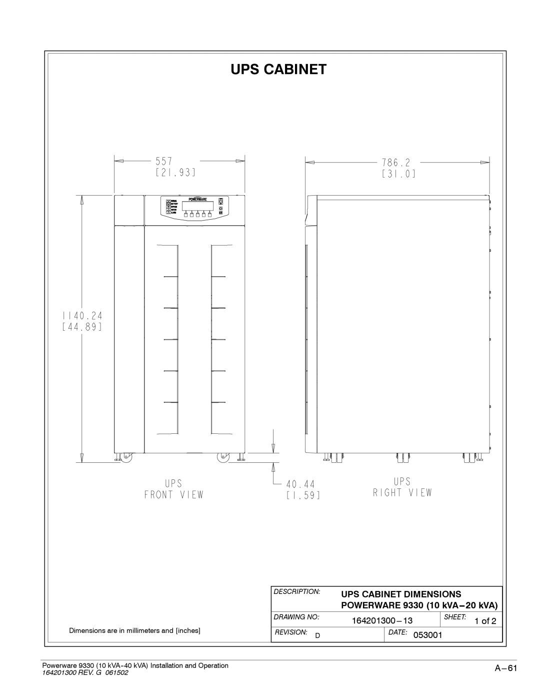 Powerware 9330 operation manual UPS Cabinet Dimensions 