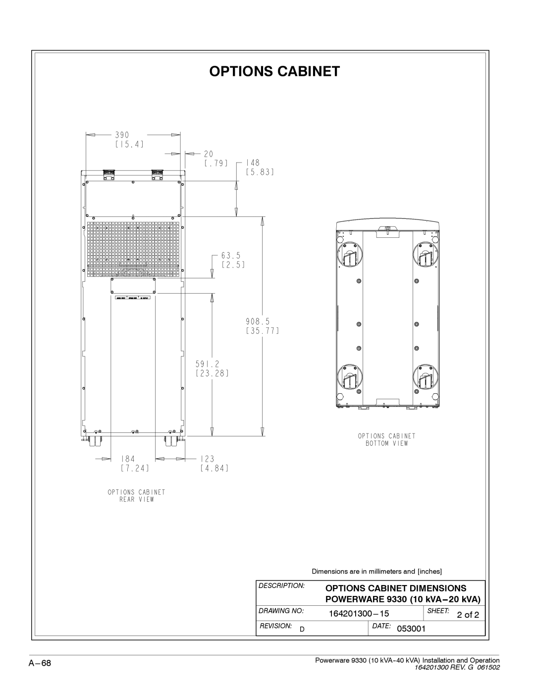 Powerware 9330 operation manual Options Cabinet 