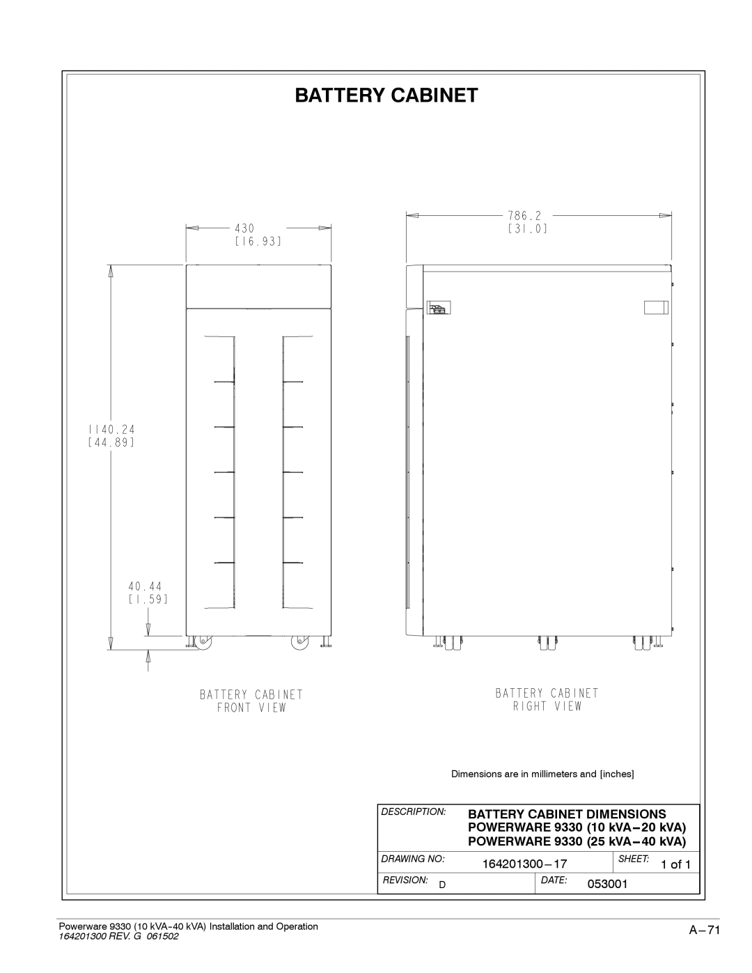 Powerware 9330 operation manual Battery Cabinet 