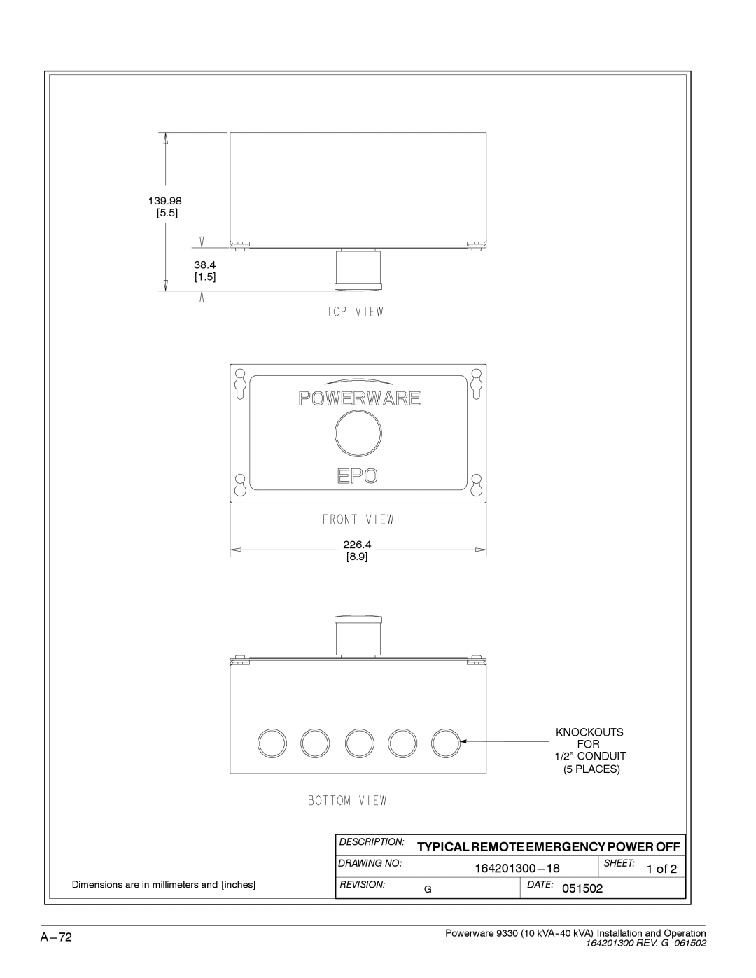 Powerware 9330 operation manual Description Typical Remote Emergency Power OFF 