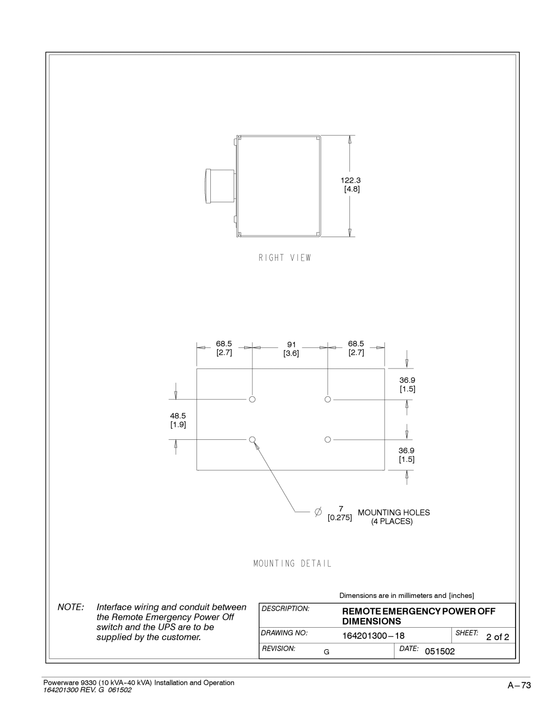 Powerware 9330 operation manual Remote Emergency Power OFF, Dimensions 