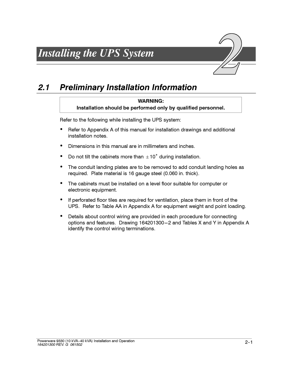 Powerware 9330 operation manual Installing the UPS System, Preliminary Installation Information 