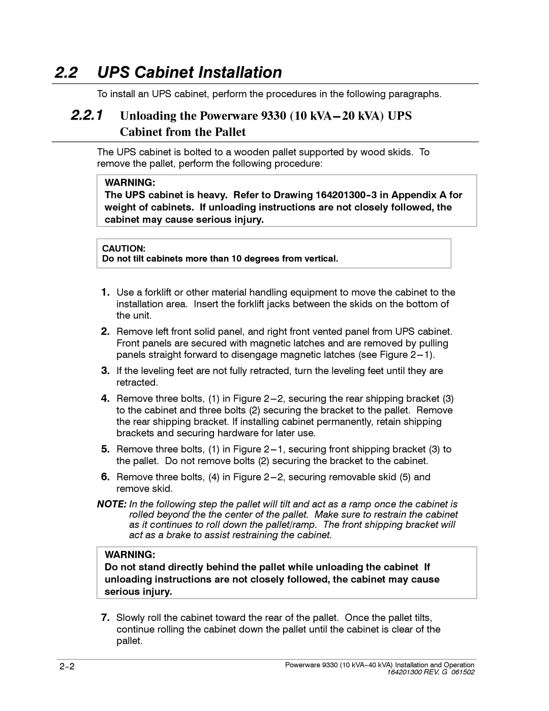 Powerware 9330 operation manual UPS Cabinet Installation 