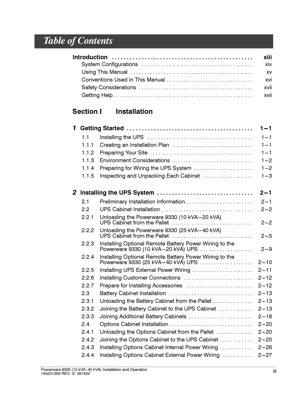 Powerware 9330 operation manual Table of Contents 