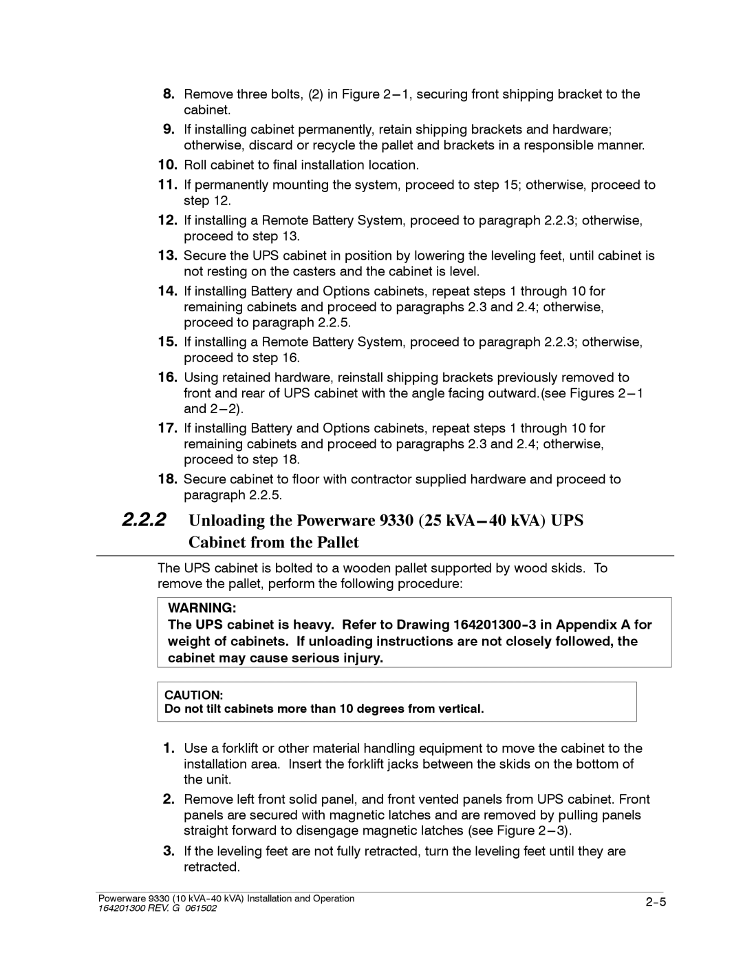 Powerware 9330 operation manual Do not tilt cabinets more than 10 degrees from vertical 